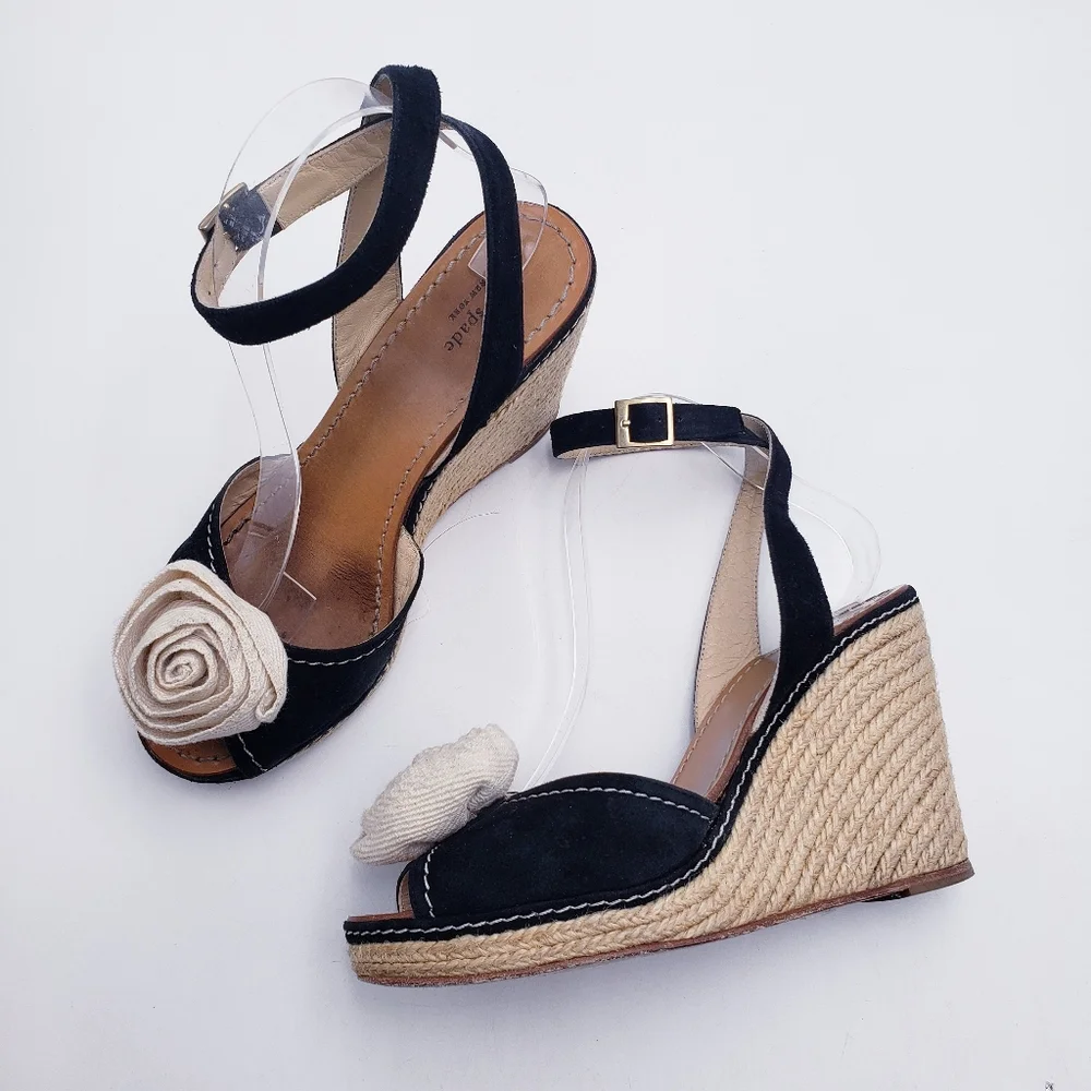 Kate Spade Brit Wedge Espadrille Sandal Black Suede Cream Rosette Twill Size 9.5